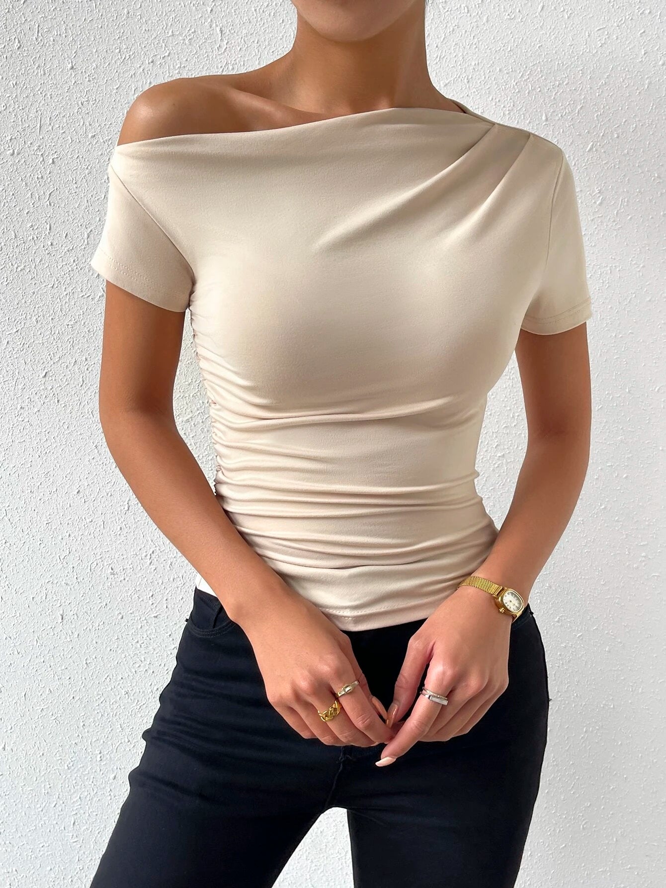 Elenzga Women'S Casual Solid Color Ruched Asymmetric Short Sleeve T-Shirt