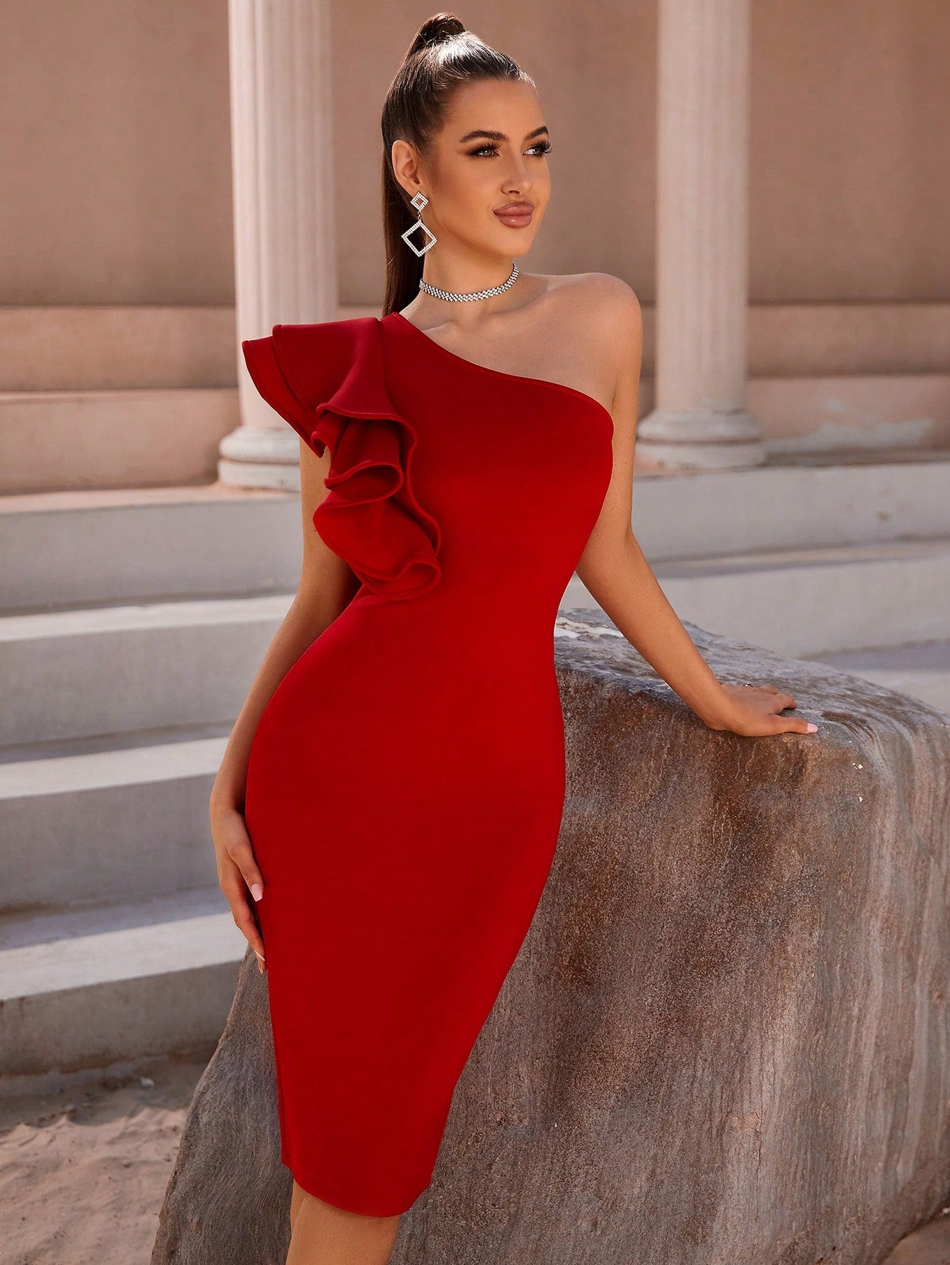 ADYCE One Shoulder Exaggerated Ruffle Trim Split Back Cocktail Party Bandage Dress